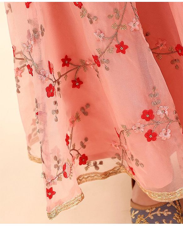 Babyhug Sleeveless Sequinned Choli & Embroidered Lehenga With Dupatta Set - Red Pink