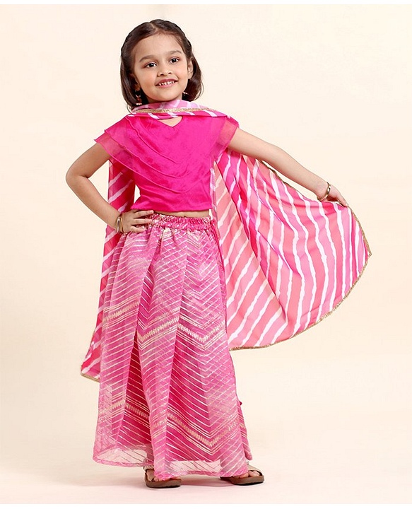 Babyhug Half Sleeves Choli Lehenga And Dupatta With Lehriya Print- Pink