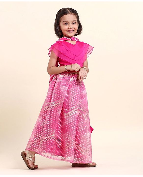 Babyhug Half Sleeves Choli Lehenga And Dupatta With Lehriya Print- Pink