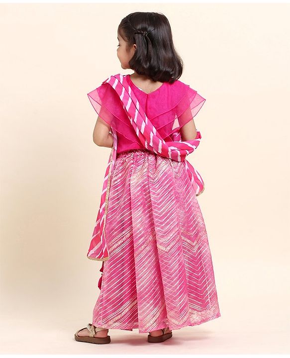 Babyhug Half Sleeves Choli Lehenga And Dupatta With Lehriya Print- Pink