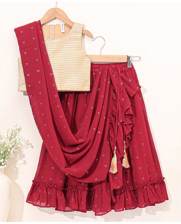 Babyhug Woven Sleeveless Choli With Embroidered Lehenga & Dupatta - Red