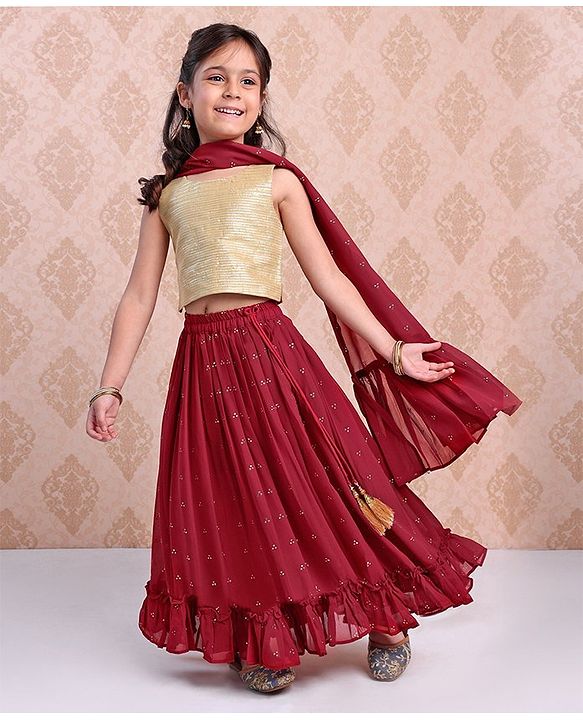 Babyhug Woven Sleeveless Choli With Embroidered Lehenga & Dupatta - Red