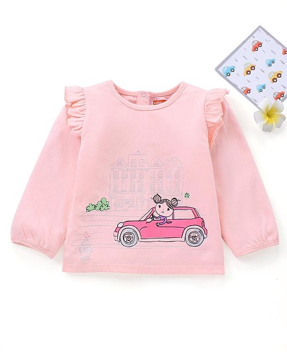 Babyhug Full Sleeves Cotton Top with Car Graphic and Frill Detailing - Pink