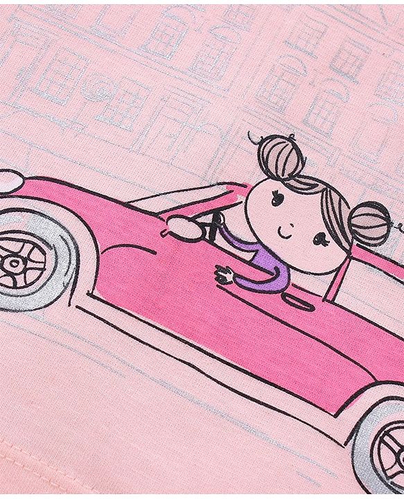 Babyhug Full Sleeves Cotton Top with Car Graphic and Frill Detailing - Pink