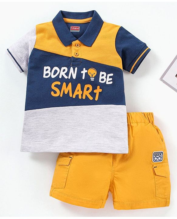 Babyhug Cotton Half Sleeves T-Shirt & Shorts Set Text Print With Patch- Multicolor Yellow