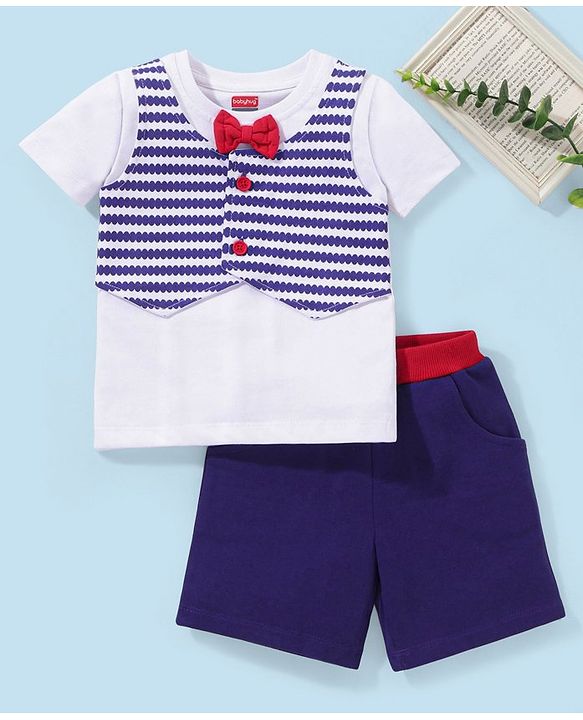 Babyhug 100% Cotton Half Sleeves T-Shirt & Bottomwear With Bow - Blue