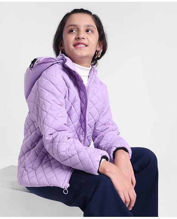 Pine Kids Full Sleeves Solid Padded Jacket With Detachable Hoodie - Violet