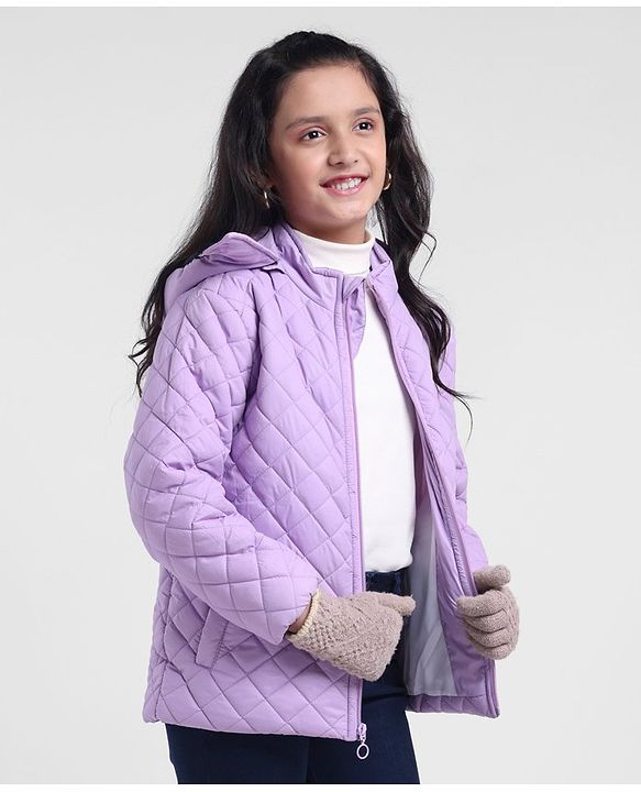 Pine Kids Full Sleeves Solid Padded Jacket With Detachable Hoodie - Violet