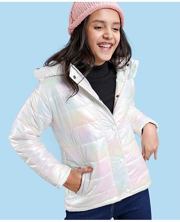 Pine Kids Full Sleeves Hooded Padded Jacket with Holographic Print for Moderate Winter - Multicolour