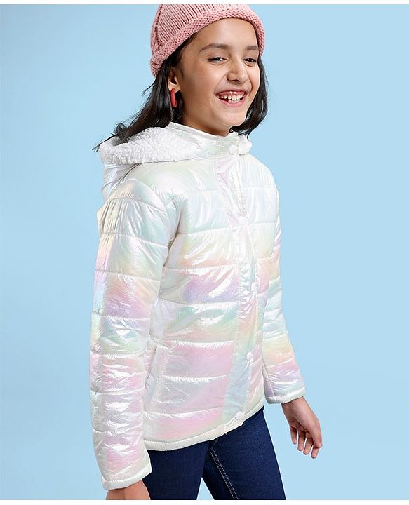 Pine Kids Full Sleeves Hooded Padded Jacket with Holographic Print for Moderate Winter - Multicolour