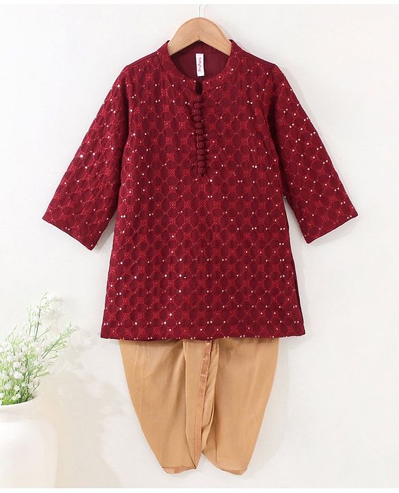 Babyhug Full Sleeves Woven Embroidered Kurta & Dhoti Set - Maroon