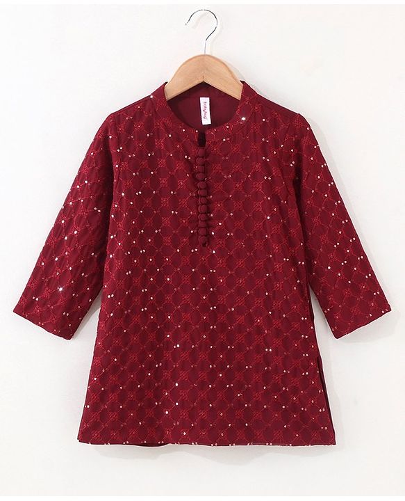 Babyhug Full Sleeves Woven Embroidered Kurta & Dhoti Set - Maroon