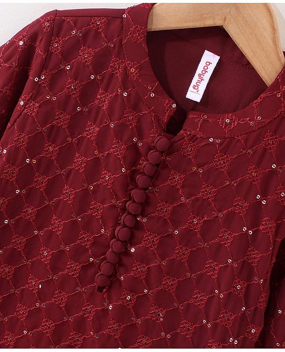 Babyhug Full Sleeves Woven Embroidered Kurta & Dhoti Set - Maroon
