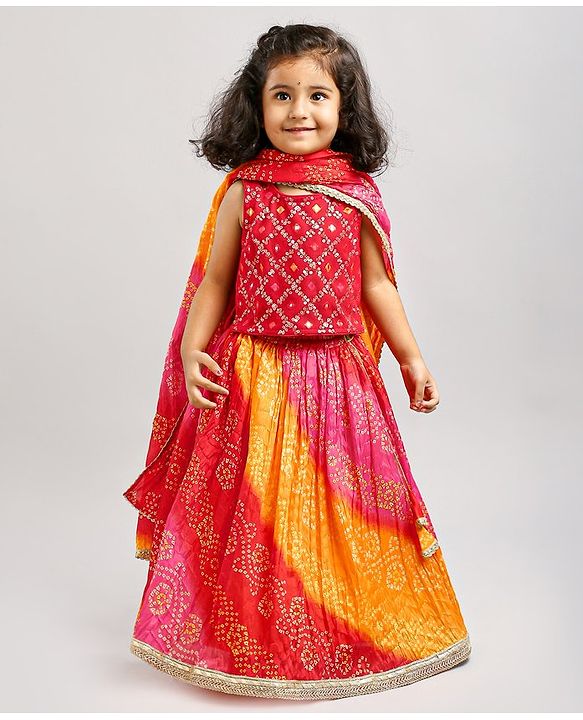 Babyhug Woven Sleeveless Bandhani Print Choli Lehenga With Dupatta - Red