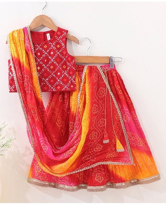Babyhug Woven Sleeveless Bandhani Print Choli Lehenga With Dupatta - Red