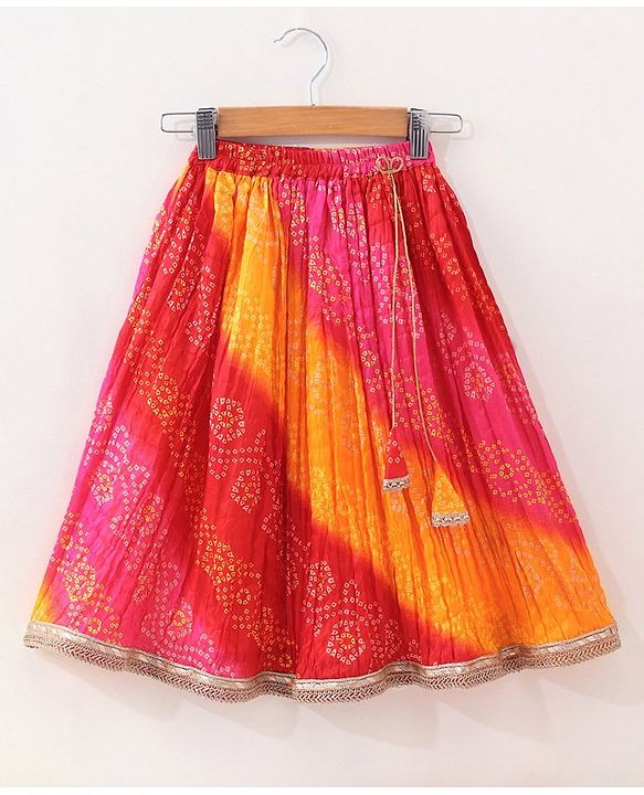 Babyhug Woven Sleeveless Bandhani Print Choli Lehenga With Dupatta - Red