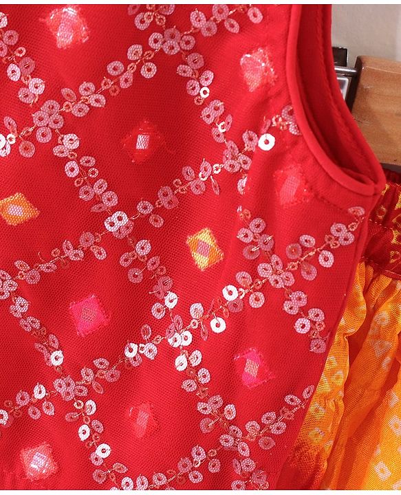 Babyhug Woven Sleeveless Bandhani Print Choli Lehenga With Dupatta - Red