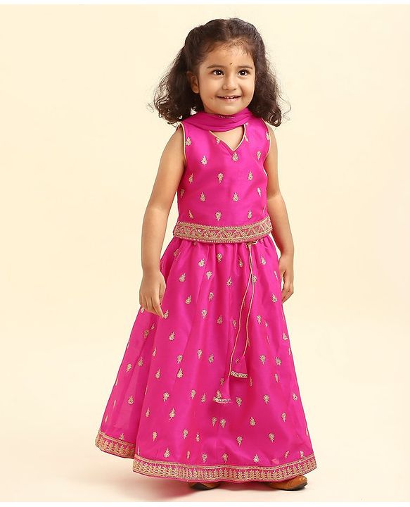 Babyhug Woven Sleeveless Embroidery Choli Lehenga With Dupatta - Dark Pink