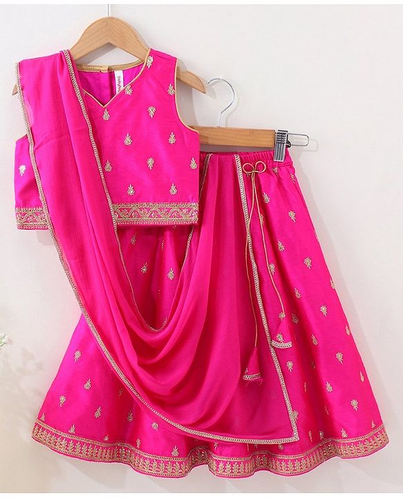 Babyhug Woven Sleeveless Embroidery Choli Lehenga With Dupatta - Dark Pink