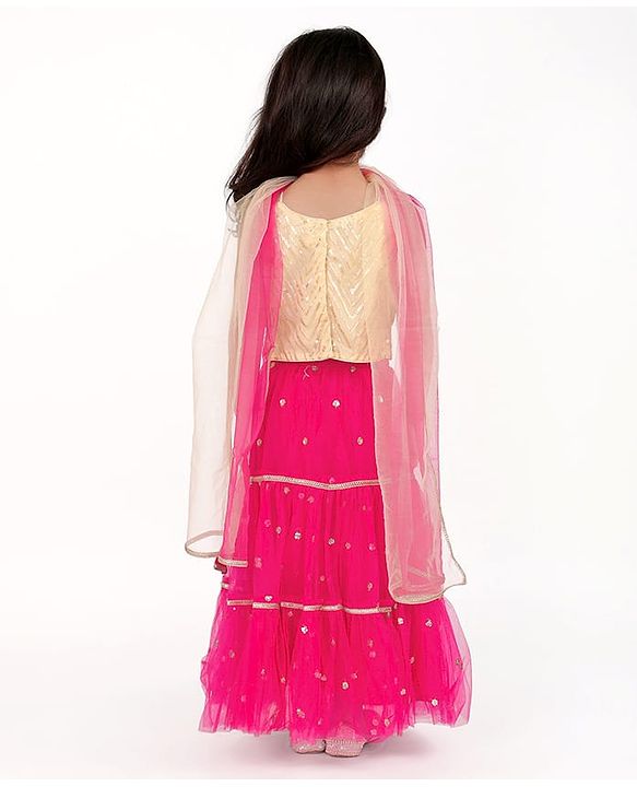 Babyhug Singlet Sleeves Woven Sequinned Lehenga & Choli Set With Dupatta - Fuchsia Pink