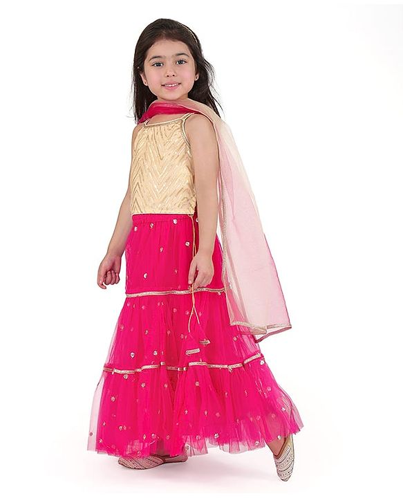 Babyhug Singlet Sleeves Woven Sequinned Lehenga & Choli Set With Dupatta - Fuchsia Pink