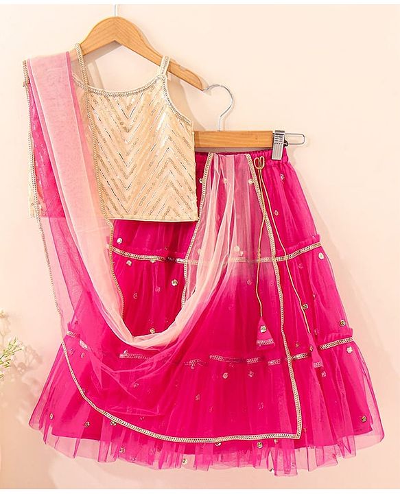 Babyhug Singlet Sleeves Woven Sequinned Lehenga & Choli Set With Dupatta - Fuchsia Pink