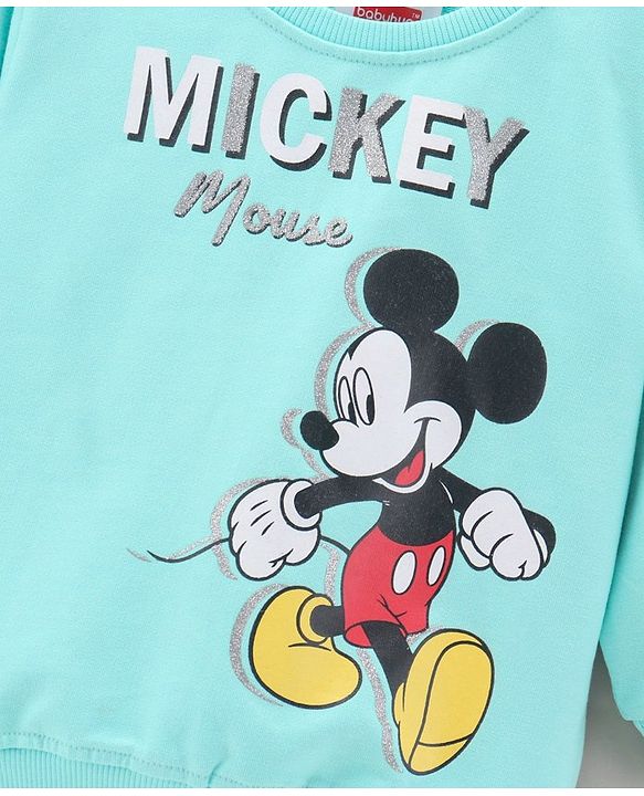Babyhug Full Sleeves Cotton Knit MICKEY MOUSE Print Sweatshirt with Glitter detailing- Blue