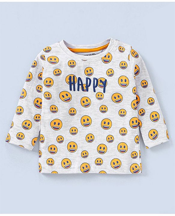 Babyhug Full Sleeves Cotton Jersey Knit Tee Smiley Print- Grey