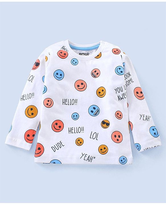 Babyhug Full Sleeves Cotton T-Shirt Smiley Face Print- White