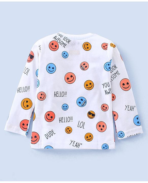 Babyhug Full Sleeves Cotton T-Shirt Smiley Face Print- White