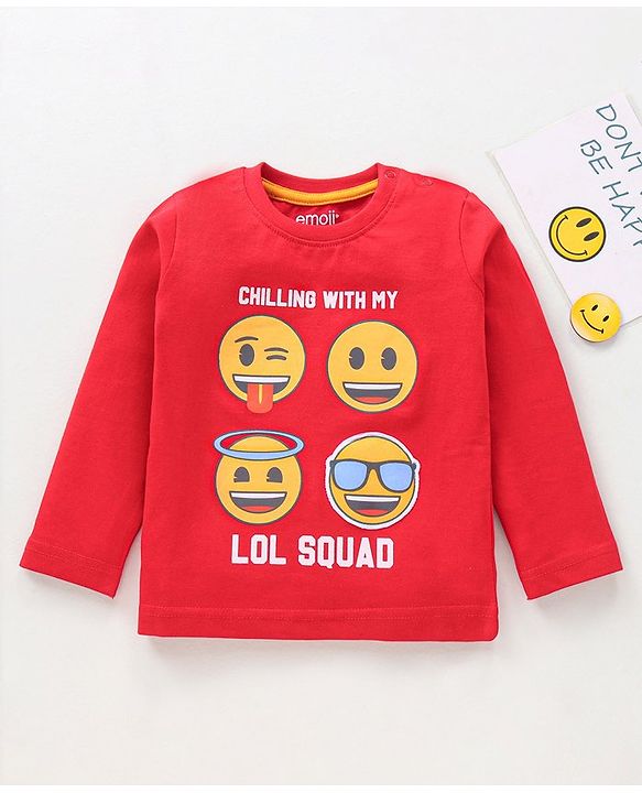 Babyhug Cotton Knit Full Sleeves T-Shirt Text & Emoji Print - Red