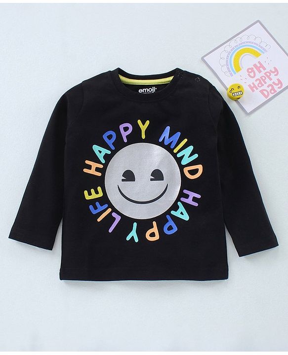 Babyhug Cotton Knit Full Sleeves T-Shirt Text & Smiley Print - Black