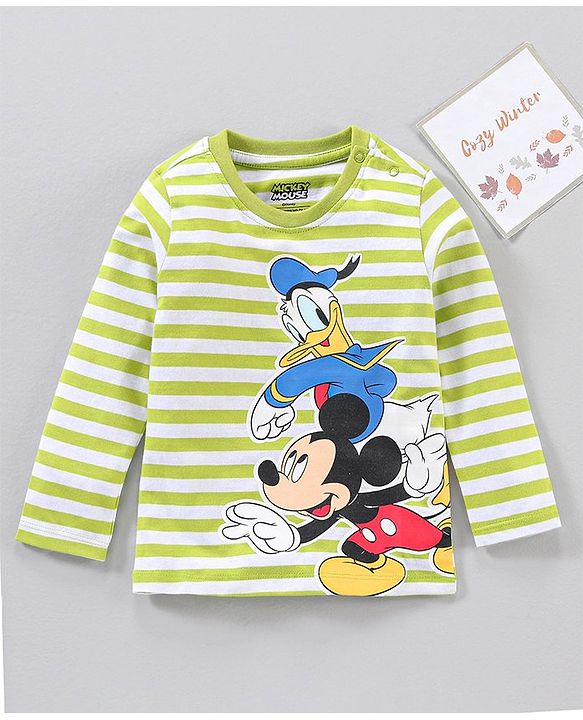 Babyhug Full Sleeves Striped T-Shirt Mickey Mouse & Donald Duck Print - Green