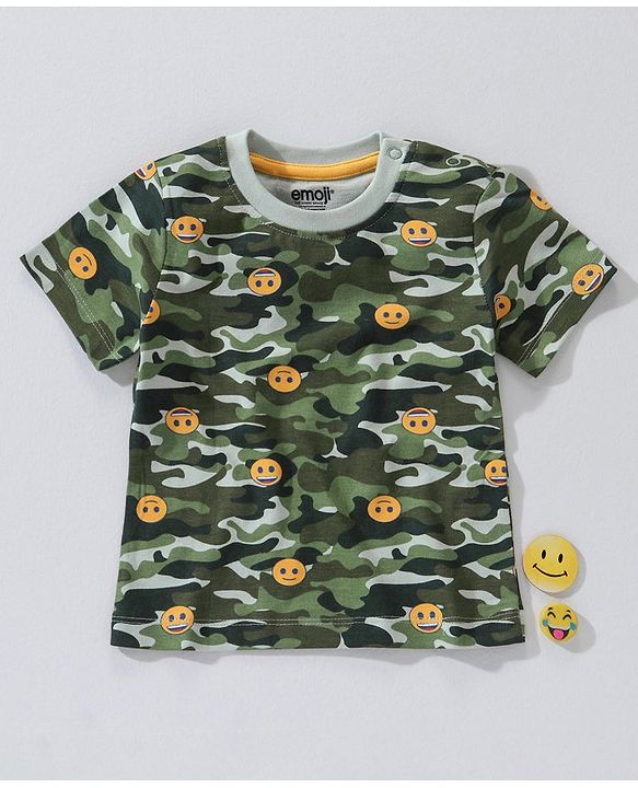 Babyhug Cotton Knit Half Sleeves T-Shirt Camouflage with Emoji Print - Green