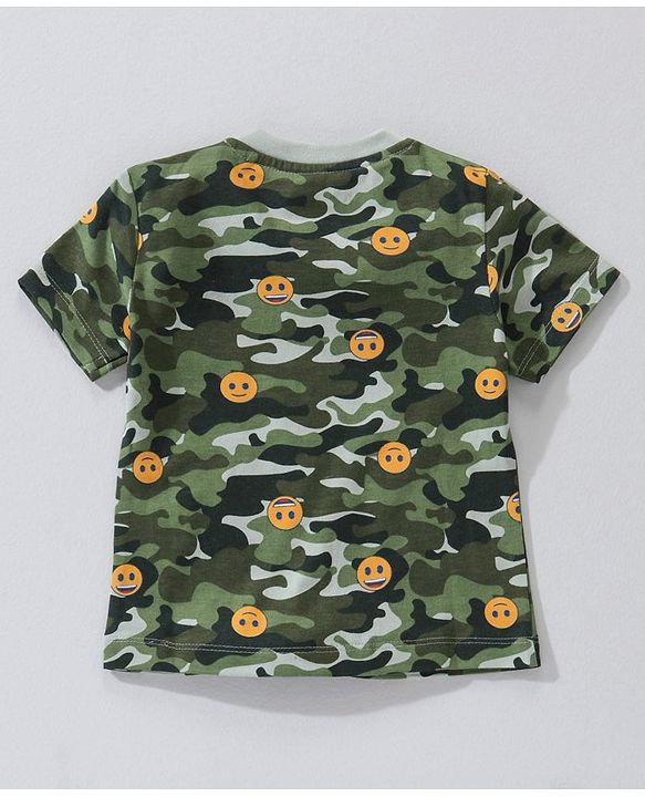 Babyhug Cotton Knit Half Sleeves T-Shirt Camouflage with Emoji Print - Green
