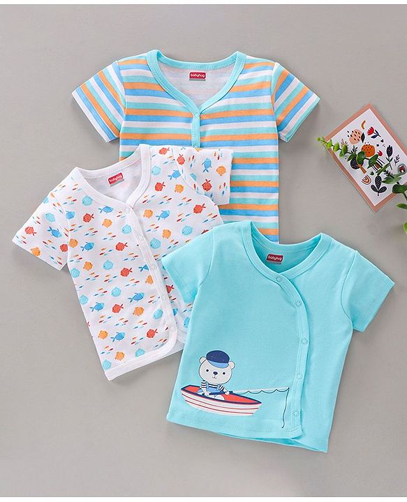 Babyhug 100% Cotton Half Sleeves Printed Vests Pack of 3 - White Blue