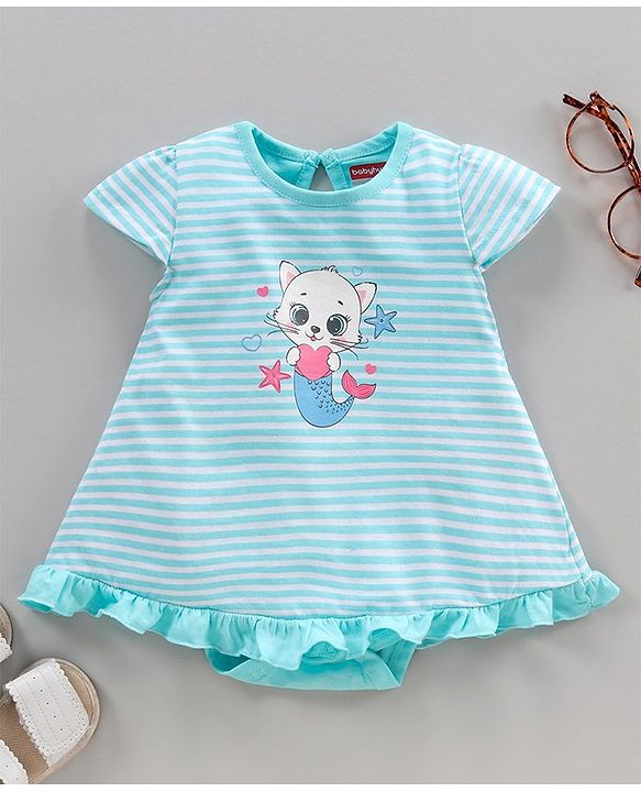Babyhug Cotton Knit Cap Sleeves Onesie Striped & Cat Print - Blue