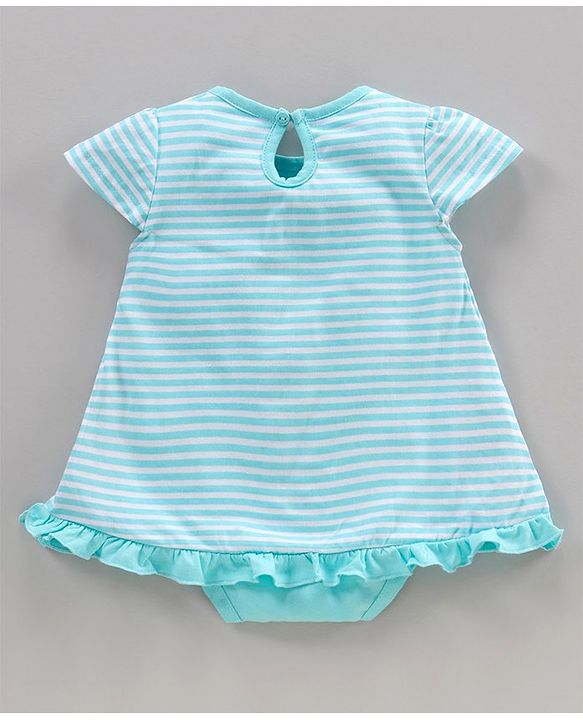 Babyhug Cotton Knit Cap Sleeves Onesie Striped & Cat Print - Blue