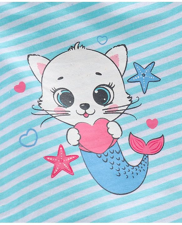 Babyhug Cotton Knit Cap Sleeves Onesie Striped & Cat Print - Blue