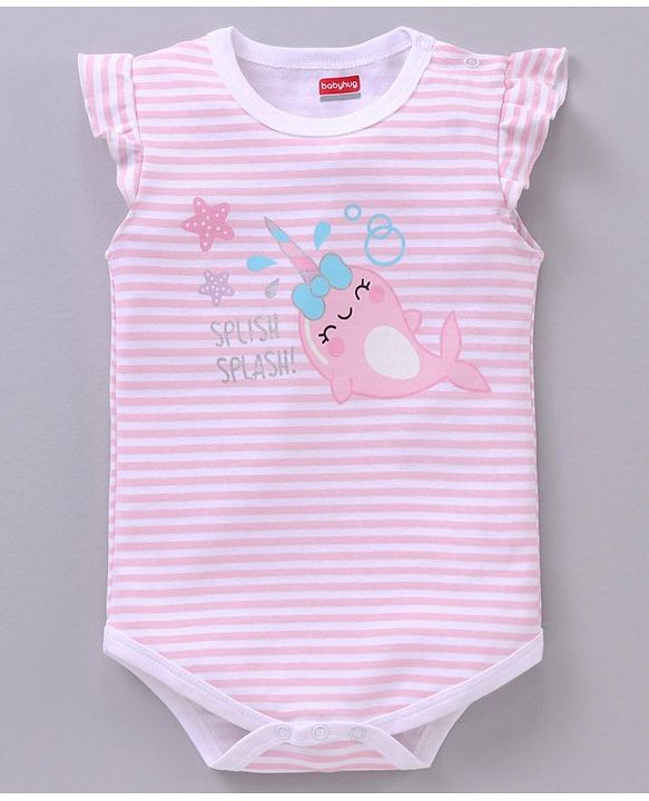 Babyhug 100% Cotton Half Sleeves Printed and Striped Onesie - Pink
