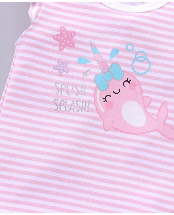 Babyhug 100% Cotton Half Sleeves Printed and Striped Onesie - Pink