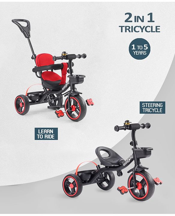 Babyhug Stalwart Plug & Play Tricycle With Parental Handle & Seat Cover - Red Black
