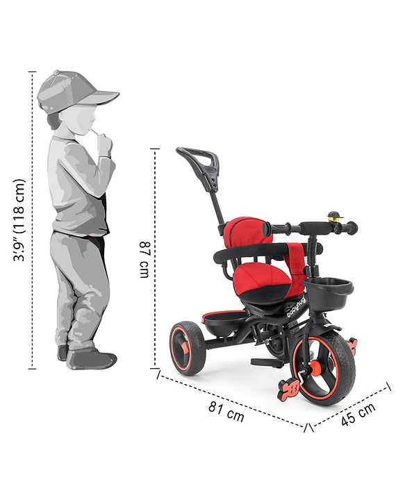 Babyhug Stalwart Plug & Play Tricycle With Parental Handle & Seat Cover - Red Black