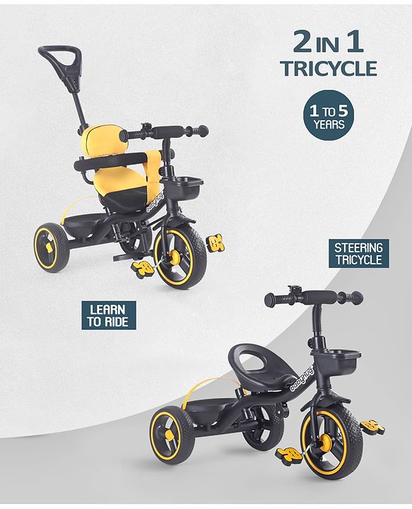 Babyhug Stalwart Plug & Play Tricycle With Parental Handle & Seat Cover - Yellow Black