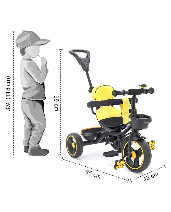 Babyhug Stalwart Plug & Play Tricycle With Parental Handle & Seat Cover - Yellow Black