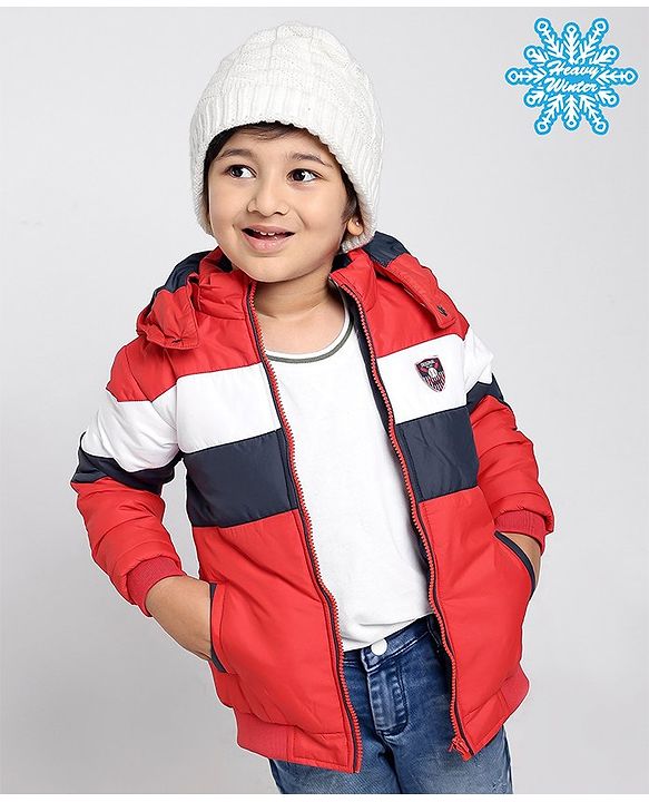 Babyhug Full Sleeves Color Block Hooded Jacket - Red Off White
