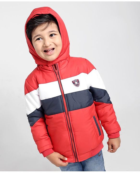 Babyhug Full Sleeves Color Block Hooded Jacket - Red Off White