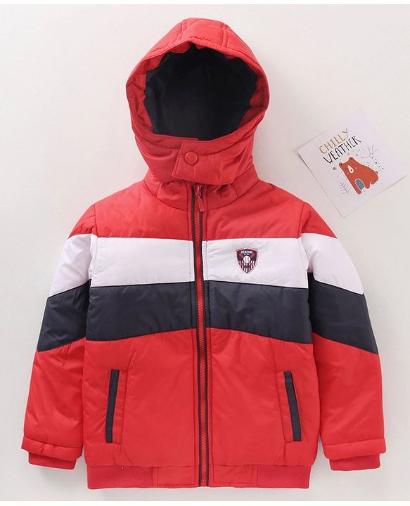 Babyhug Full Sleeves Color Block Hooded Jacket - Red Off White