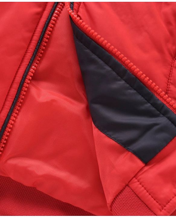 Babyhug Full Sleeves Color Block Hooded Jacket - Red Off White