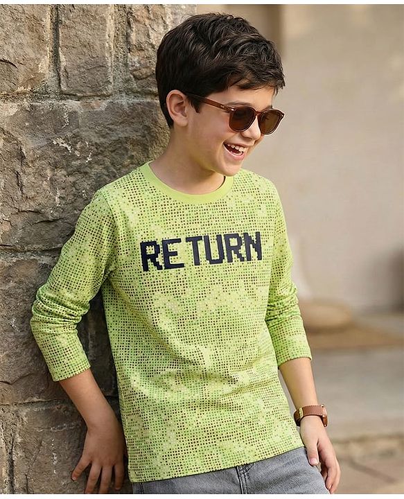 Pine Kids Full Sleeves Biowashed T-Shirt Text Print - Light Green